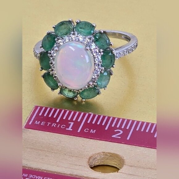 925 Sterling Silver Ring with Natural White Opal 8x10mm & Emerald Gemstones - Picture 9 of 13